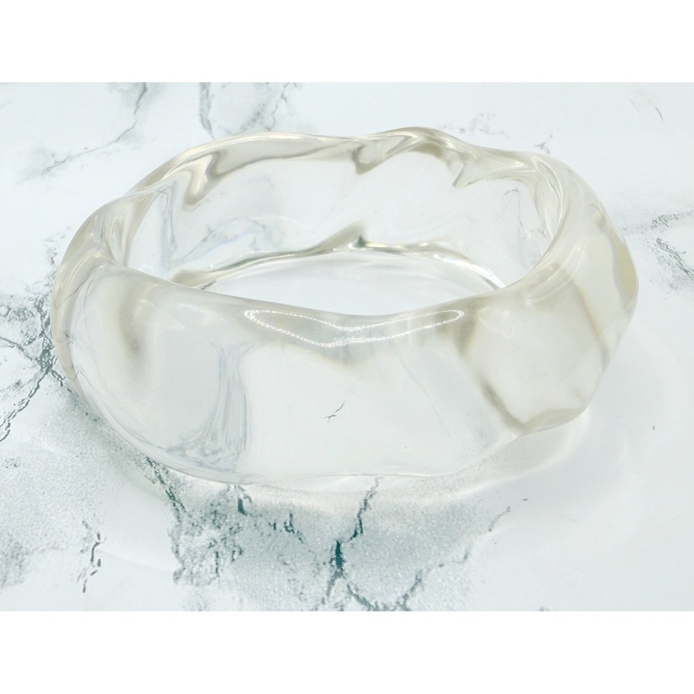 Chunky Clear Lucite Bangle Bracelet Sculptural Wavy Statement 8"